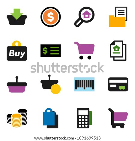 solid vector ixon set - dollar coin vector, cart, stack, receipt, estate document, search, credit card, shopping bag, buy, barcode, reader, basket