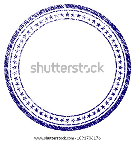 Double circular star frame grunge textured template. Vector draft element with grainy design and unclean texture in blue color. Designed for overlay watermarks and rubber seal imitations.