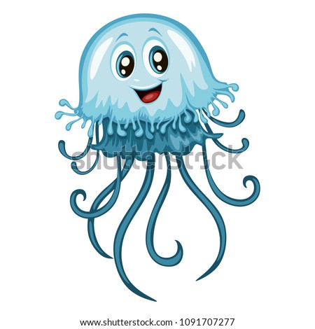 Vector Illustration of a Happy Jellyfish . Cute Cartoon Jellyfish  Isolated on a White Background. Happy Animals Set Royalty-Free Stock Photo #1091707277