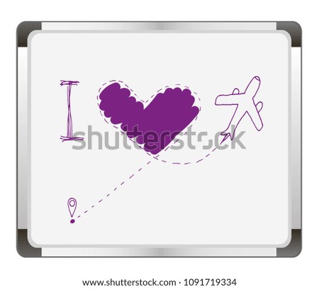 plane and its track on flip chart background. Airplane flying and leave a dashed trace line. Love travel concept. Vector illustration.