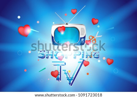 Shopping TV. The concept for online sale with voluminous text, a retro TV and red hearts on a blue background with light effects. Flat vector illustration EPS10.