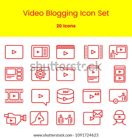 Set of Simple Video Content Related Vector Line Art Icons. Consist of Presentation, Stream, Virtual Reality, Advertisement, Vlog, Mobile Phone, Tablet, Camera Icons. Pixel Perfect.