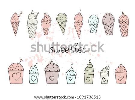 Vector illustration. Stylized ice cream and cupcake set. Print design element. Cute vector objects.