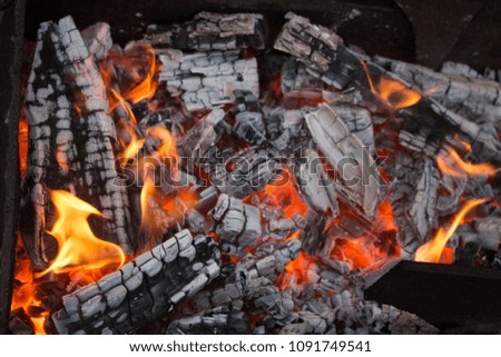 Closeup of flame in a fireplace, flames and burning woods