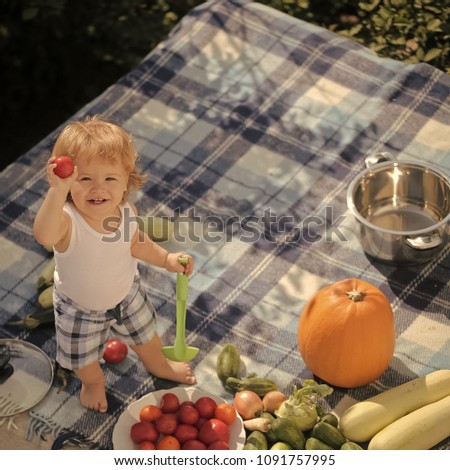 One little cook smiling boy at picnic standing with ladle pot orange pumpkin squash and cucumber showing red tomato with food on checkered plaid on natural background sunny day, square picture