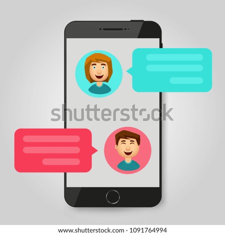 Mobile phone chat message notifications. Chatting bubble speeches, concept of online talking, speak, conversation, dialog. Vector illustration