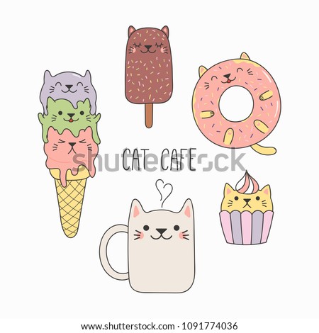 Hand drawn vector illustration of a kawaii funny desserts and steaming mug cup with cat ears. Isolated objects on white background. Line drawing. Design concept for cat cafe menu, children print.