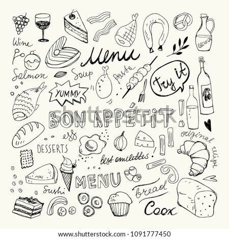 Restaurant Doodle Set. Hand Drawn Vector Illustration. Pencil Drawing. Bon Appetit Food Collection 