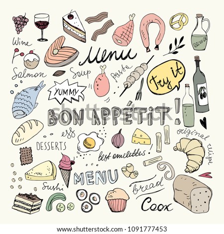 Restaurant Doodle Set. Hand Drawn Vector Illustration. Pencil Drawing. Bon Appetit Food Collection 
