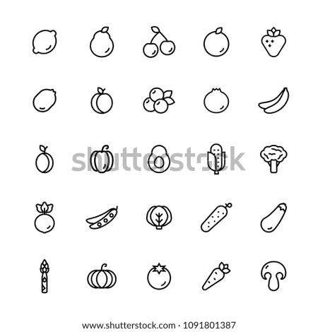 Fruit and vegetables vector icon set in line style.