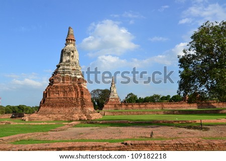 Ancient pagoda of Ayuthaya  with blue sky background, Wat-Chaiwattanaram(Ancien Thai temple), Ayutthaya ,Thailand.