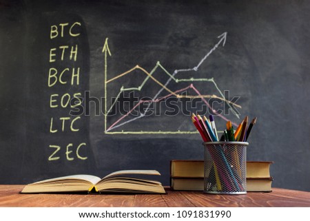 A table with books on the background of graphs on a chalkboard. Learning crypto currency in school. Concept, a new educational subject for children.