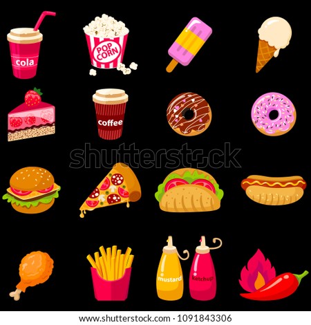 Set of vector icon illustration of fast food with pop corn, ice cream,hot, spice, burger, hot dog, sandwiches, hamburger, coffee, pizza, French fries, donuts, chicken isolated on black background.
