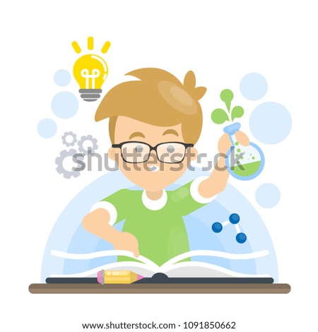 Isolated teaching boy with book and idea on white.