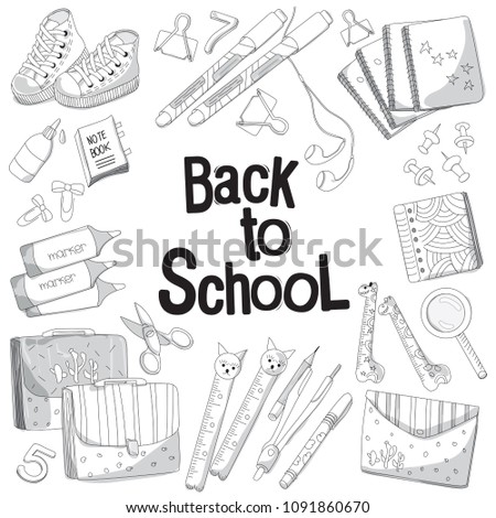 Back to school vector illustration on white background. School and office supplies. Stationery layout template for graphic design, web banners and printed materials