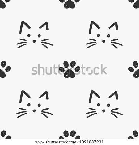 Cat faces and paws seamless pattern vector