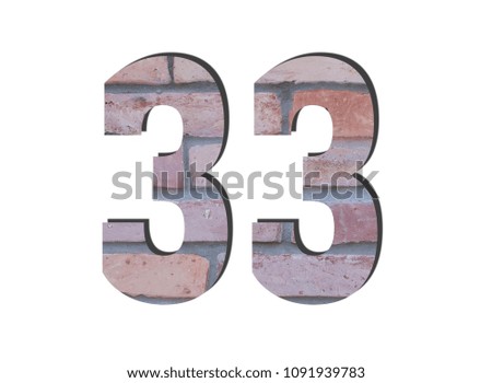 33 Number. Decorative red brick wall texture. English style. White isolated
