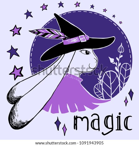 
Rabbit magician star character vector illustration text hand drawing