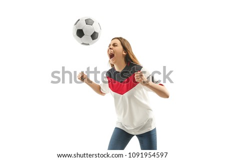 egyptian female fan celebrating on white background. The young woman in soccer football uniform as winner standing and screaming isolated at white studio. Fan, support concept. Human emotions concept.