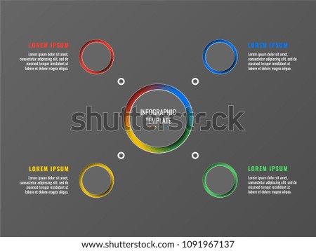 four steps design layout infographic template with round 3d realistic elements on dark background. process diagram for brochure, banner, annual report