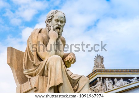 Ancient marble statue of the great Greek philosopher Socrates on background the blue sky, Athens, Greece Royalty-Free Stock Photo #1091967974