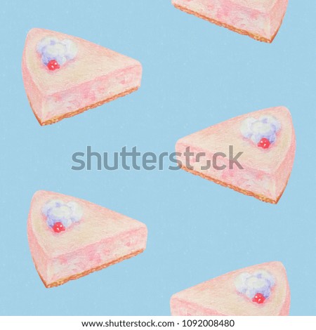 Seamless pattern with strawberry cheese cake and berry on top. Color pencil hand drawn style.