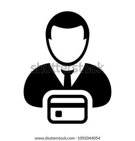 Bank icon vector male user person profile avatar symbol with credit card for banking and finance concept in flat color glyph pictogram illustration
