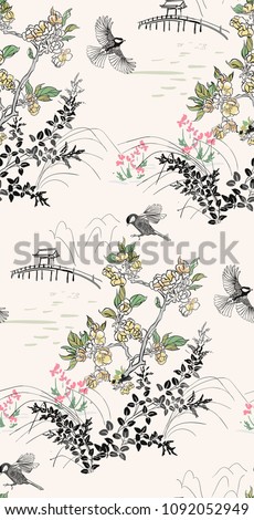 japanese chinese  vector design ink flower engraved colorful seamless pattern landscape birds grass flower bridge mountain pond Royalty-Free Stock Photo #1092052949