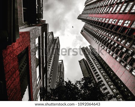 Bottom view of residential buildings in Central, Hong Kong.