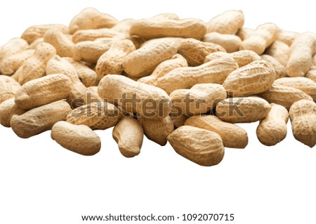 peanuts scattered on white texture background, roasted and dried peanuts, isolated picture with clipping path