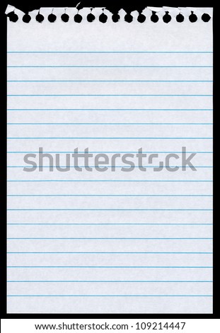 White lined blank torn notepaper page isolated black background. Royalty-Free Stock Photo #109214447