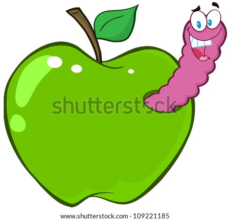 Happy Worm In Green Apple. Raster Illustration.Vector version also available in portfolio