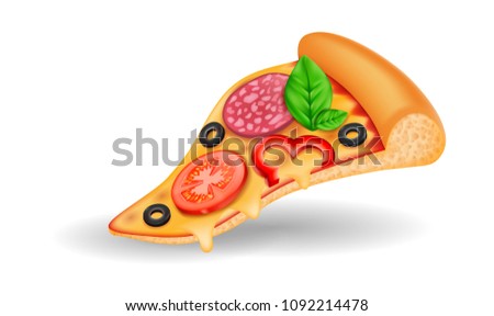Slice Pizza Isolated, Pepperoni, Cheese, Basil, Tomato, Red Bell Pepper, Hand Drawn Vector 3D Illustration