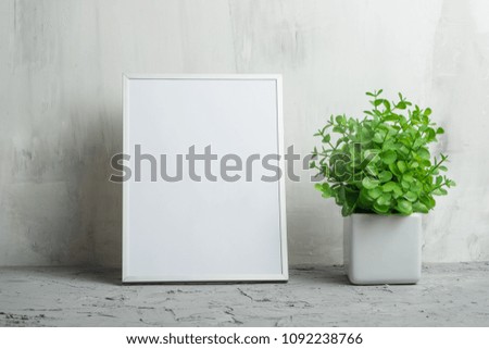 Empty white frame with flower on wall background. The concept of design and font inscriptions and image placement
