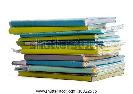 Pile of schoolbook in blue and lime green paper