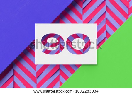 White Paper-Cut Number 90 on Violet and Green Background With Stripes. 3D Illustration of Number 90 Nineity on Abstract Background.