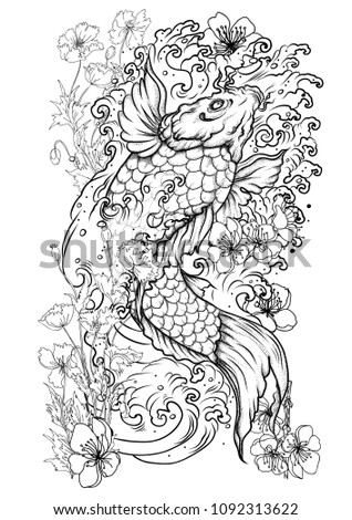 Beautiful line art and coloring book koi fish.Traditional Japanese carp with poppy flower and peach blossom on water splash background.Koi fish tattoo design.