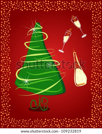 Happy New Year. Gift card with Christmas tree and champagne. Vector eps10 illustration. Raster file included in portfolio