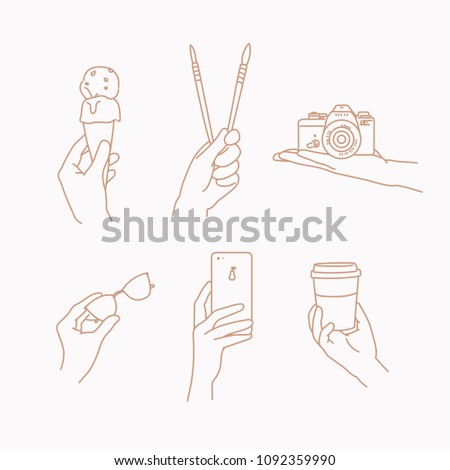 A hand holding various things. hand drawn style vector doodle design illustrations.