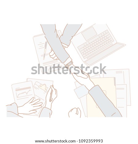 Shaking hands on a business table. hand drawn style vector doodle design illustrations.