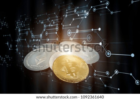 Abtract image of Silver and Golden bitcoins with Digital Hologram. Future Business Bitcoin and technology Concept.