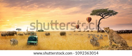 African safari dreamy scene with wildlife and safari vehicle. Horizontal web banner.