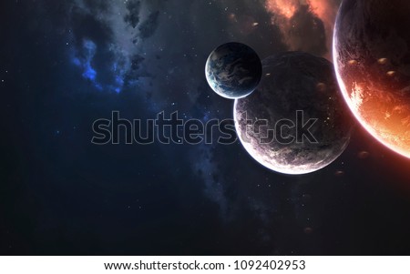 Deep space planets, awesome science fiction wallpaper, cosmic landscape. Elements of this image furnished by NASA Royalty-Free Stock Photo #1092402953