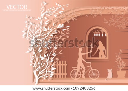 vector paper cut man riding bicycle and give flower to woman on house background