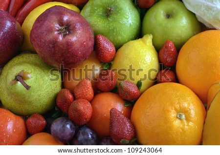Fruit and vegetables . Various natural fruit and vegetables picture taken under warm morning light. Great image for healthy and natural food or background for  fruit and vegetables product.