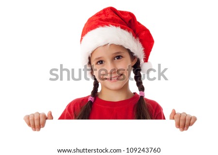 Christmas girl standing with empty horizontal blank in hands, isolated on white