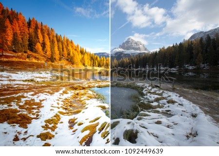 Morning lake Antorno in National Park Tre Cime di Lavaredo. Location Dolomiti alps, Italy, Europe. Images before and after. Original or retouch. Photo in half of editing process. Beauty of earth.