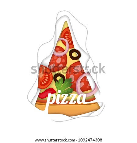 Pizza vector illustration isolated on white background. Paper art style with text