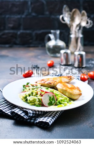 salad with grilled chicken breast, diet food, stock photo