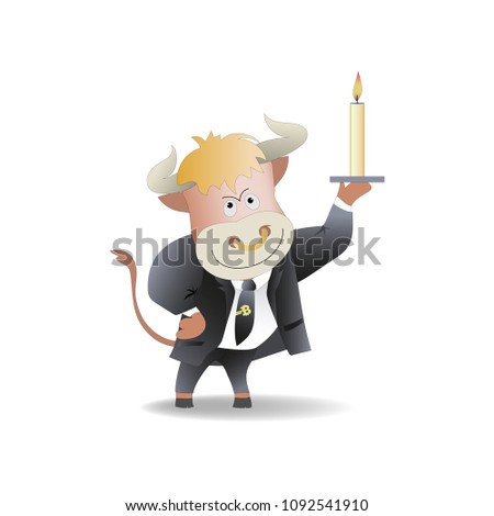 Bull businessman with a candle. The trader. Cryptography, an illustration of financial technologies, the strategy of playing on the exchange crypto currency. Cartoon style.
